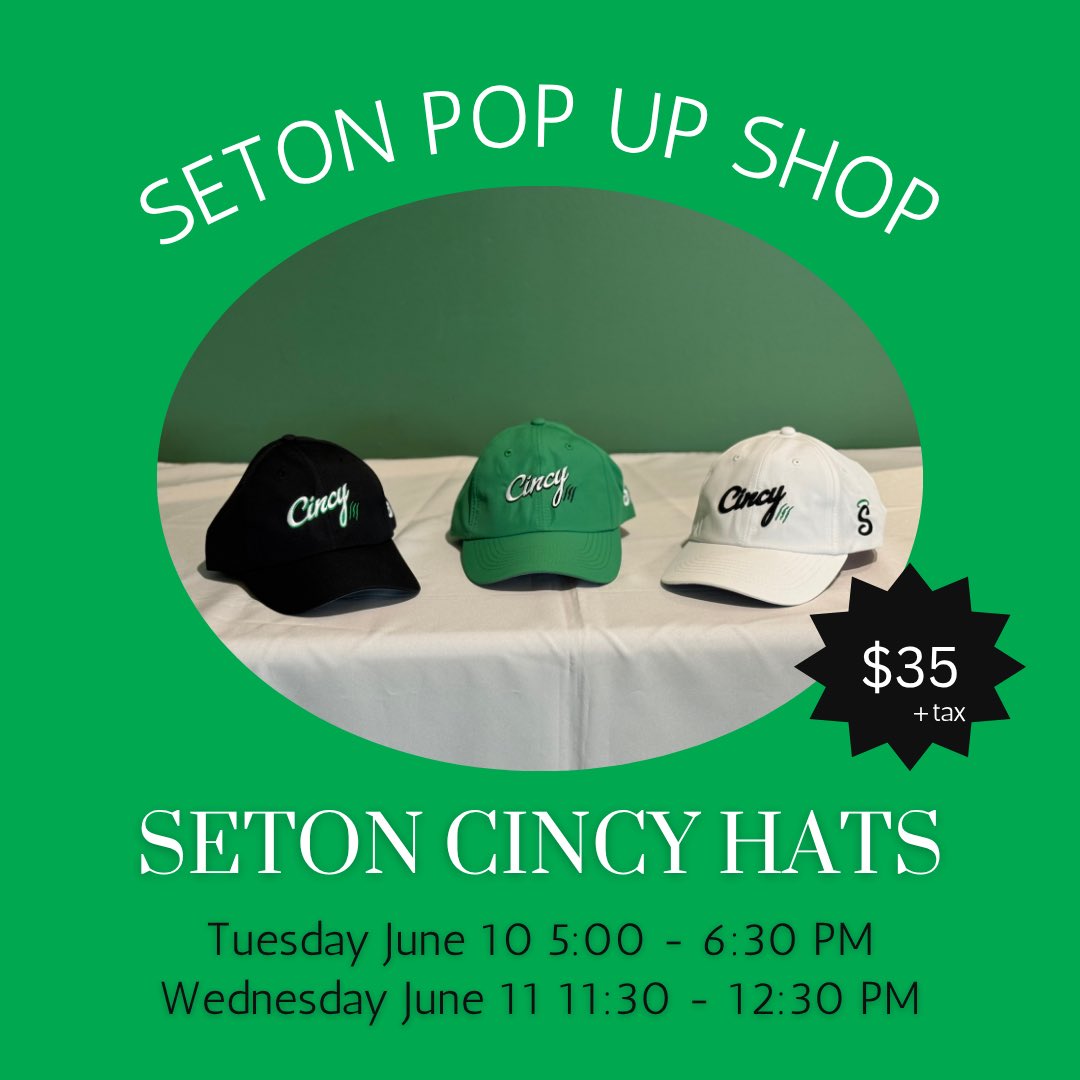 🚨 POP-UP SHOP ALERT 🚨
Swing by Seton today (6/10) or tomorrow (6/11) to grab your limited-edition Seton Cincy Hat! 🧢🔥
Only $35 + tax

🟢 June 10th | 5:00 PM – 6:30 PM
⚪️ June 11th | 11:30 AM – 12:30 PM

#GoSaints
