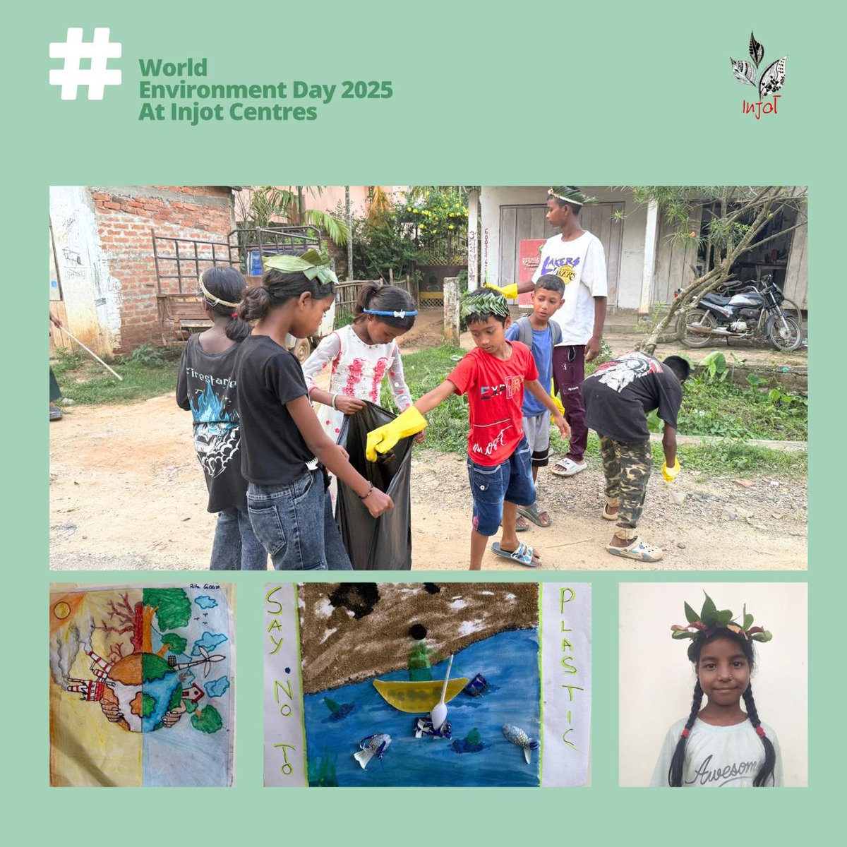 InjotTrust's tweet photo. Armed with leaf tiaras &amp; determination, kids at Injot Centres cleaned streets, shocked by plastic waste piles. ‘Princes &amp; Princesses of Earth’ planted trees, sang, &amp; vowed: ‘Reduce, Reuse, Refuse!’ 🌱

#EcoWarriors #PlantATree #CommunityInAction https://t.co/Eenx3XeOsc