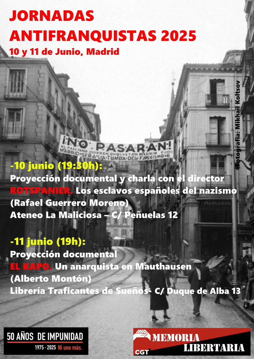 CGT Madrid, Castilla la Mancha y Extremadura (@cgt_madrid) on Twitter photo MEMORIA | Jornadas en el marco de la campaña de 50 Años de Impunidad, sobre actos de lucha antifranquista, antifascista y antinazi, hoy en <a href="/traficantes2010/">Traficantes de Sueños</a> y en <a href="/AteneoMaliciosa/">La Maliciosa</a> #Madrid
#50AñosDeImpunidad
<a href="/CgtMemoria/">memorialibertaria</a> <a href="/CGT/">CGT</a> MEMORIA | Jornadas en el marco de la campaña de 50 Años de Impunidad, sobre actos de lucha antifranquista, antifascista y antinazi, hoy en <a href="/traficantes2010/">Traficantes de Sueños</a> y en <a href="/AteneoMaliciosa/">La Maliciosa</a> #Madrid
#50AñosDeImpunidad
<a href="/CgtMemoria/">memorialibertaria</a> <a href="/CGT/">CGT</a>