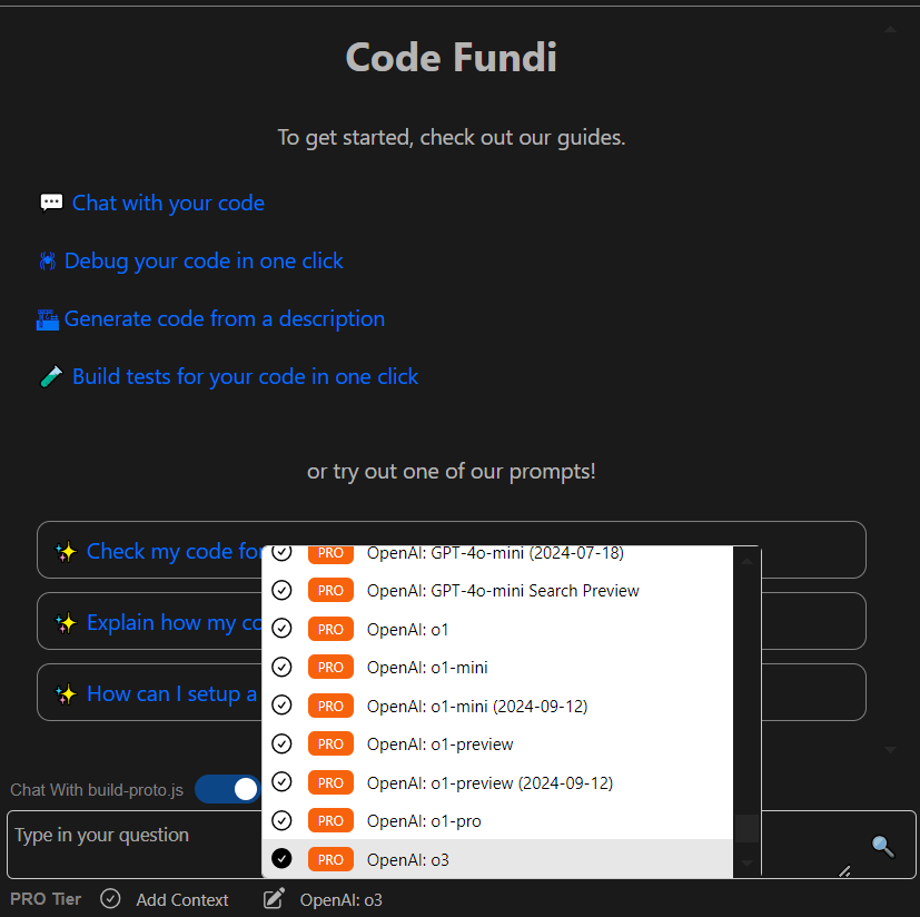 code_fundi's tweet image. You can start coding with o3 in CodeFundi.

Plug in OpenAI&apos;s reasoning model into your workflows and ship your projects even faster!