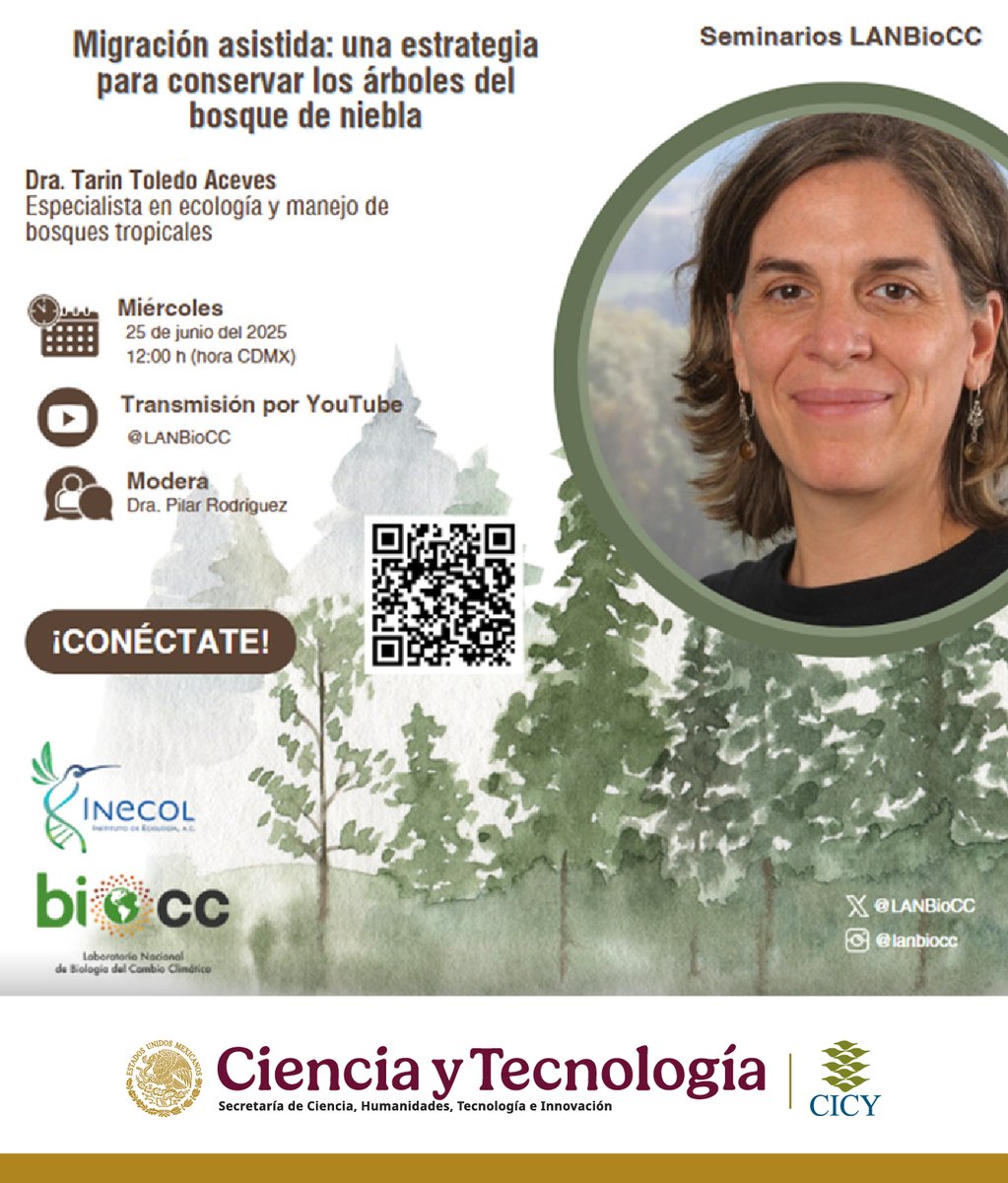 El Laboratorio Nacional de Biología del Cambio Climático invita al #Seminario "Migración asistida: una estrategia para conservar los árboles del bosque de niebla" por la Dra. Tarin Toledo Aceves.

Miércoles 25 de junio
12:00 h
Transmisión por: youtube.com/watch?v=Mmisrw…