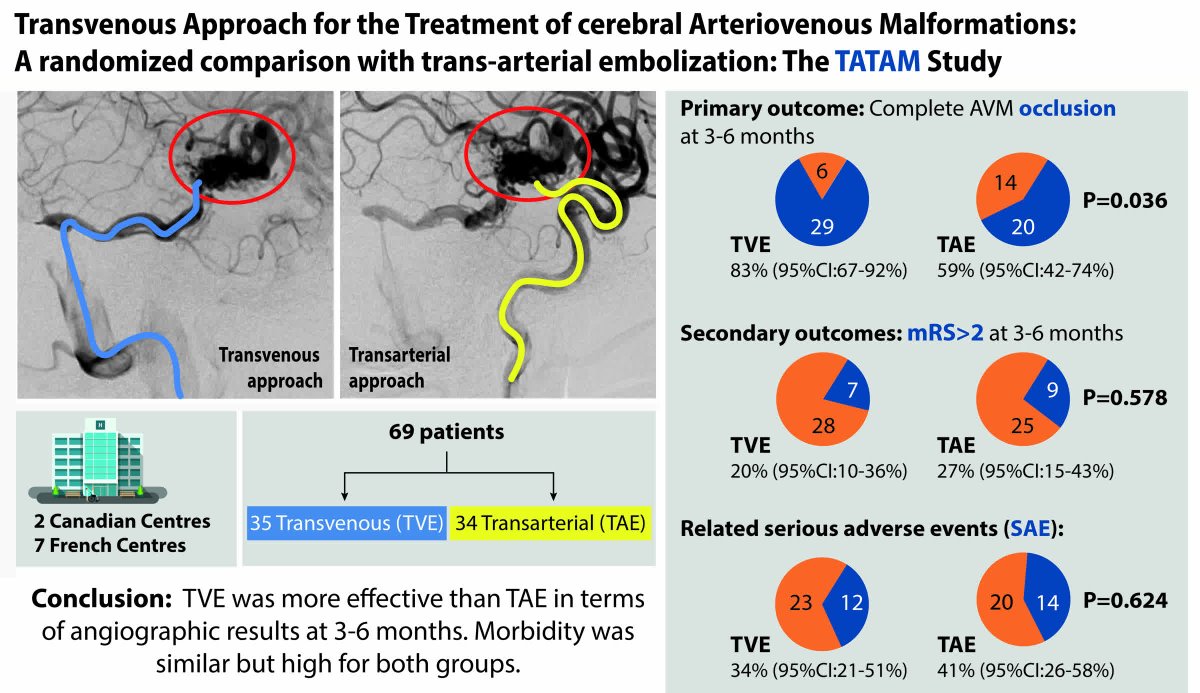#STROKE #TATAM RCT results show that transvenous embolization is more effective than transarterial embolization in terms of angiographic results at 3-6 months, with comparable morbidity. #AHAJournals ahajrnls.org/3FPY76Y