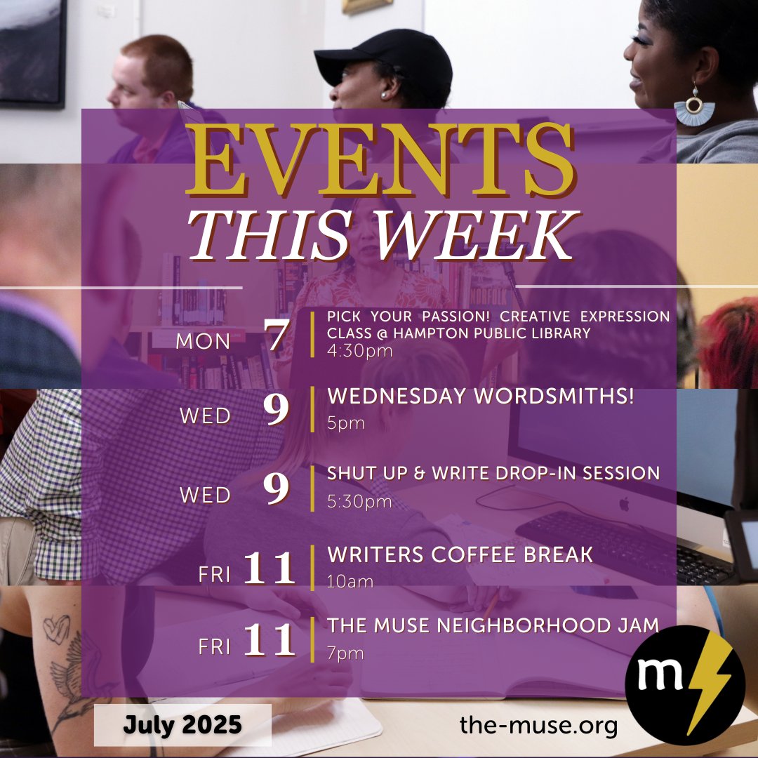 ✍️At The Muse, we believe in the transformative power of writing. We hope you'll consider joining us this week for a writers meet-up, writing club, or literary arts event!⚡️

📆 See our full events calendar here: the-muse.org/events/month/?…