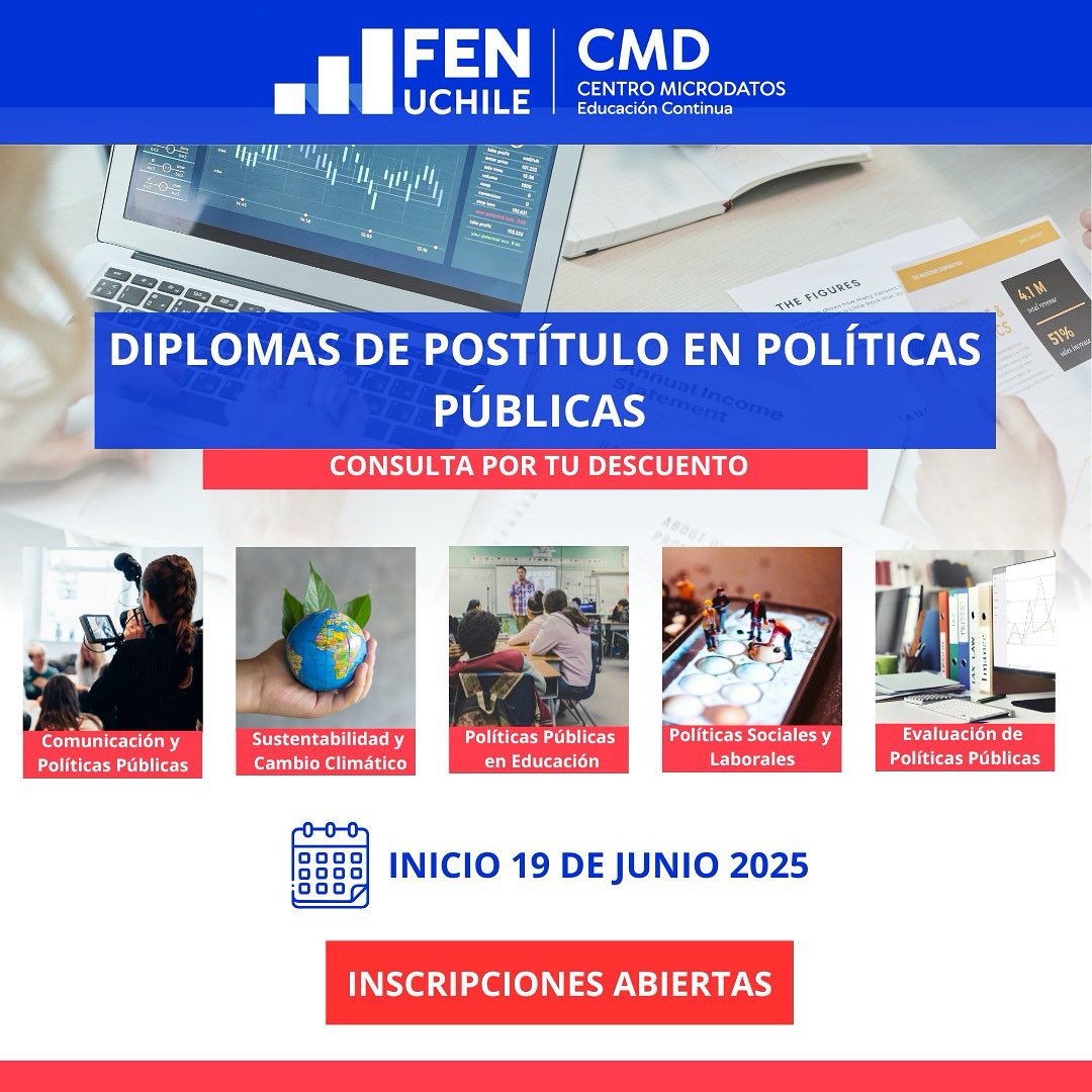 CMicrodatos's tweet image. 🎓 ¿Te interesa aportar desde lo público?

Conoce nuestros Diplomas de Postítulo en Políticas Públicas impartidos por el Centro de Microdatos 🧩

Consulta por descuentos 👉 educacmd@fen.uchile.cl
📌 Info e inscripciones en la página web o en: bit.ly/44bvWYz