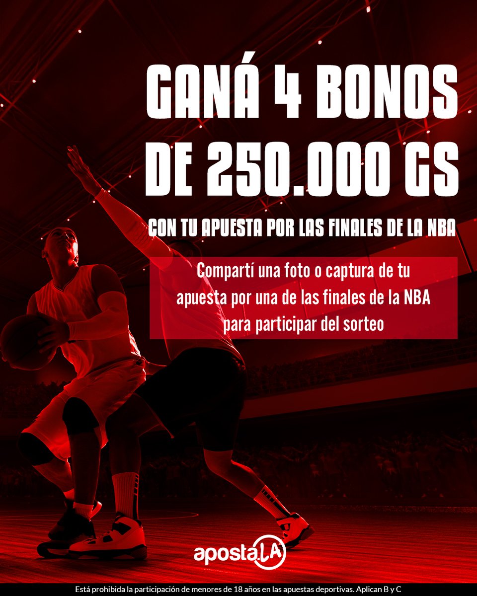 🏀 ¡Las finales de la NBA también se juegan en Apostala!
Apostá por tu equipo favorito y participá del sorteo de 4 bonos de 250.000 Gs.

📸 Subí en Facebook o X una foto o captura de tu apuesta de las finales y ya estás participando.

📅 Sorteo: Al término de las finales. 

Bases