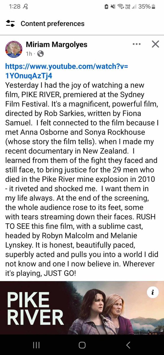 This is nice - Miriam Margolyes writing about seeing the new NZ film Pike River