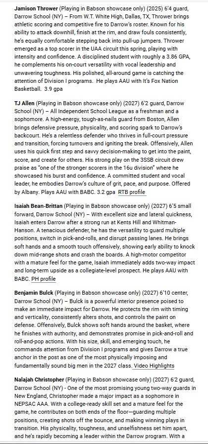 Included in the &gt;600 college prospects participating in the NEPSAC June Live Period Showcase at Babson College will be the #7 computer ranked team in the nation from this past winter.  

Darrow School  

See neprepbasketball.net/news/2025-new-…