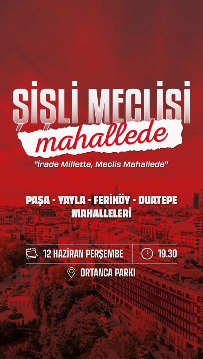 “İrade Millette, Meclis Mahallede” demek için Paşa, Yayla, Feriköy ve Duatepe Mahallelilerimizle birlikte meclis üyelerimizle buluşuyoruz.

🗓️ 12 Haziran Perşembe 
⏰ 19.30
📍 Ortanca Parkı