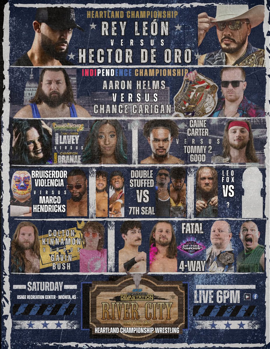 HCWLive23's tweet photo. HCW River City is this Saturday, June 14th. Sound off which match(s) you're looking forward to.

HCW River City 
Saturday, June 14th 
at the Osage Rec. Center
🎟️: https://t.co/JWXSk9A7FY

#HCW #prowrestling #rivercity https://t.co/NqIDR3qnZB