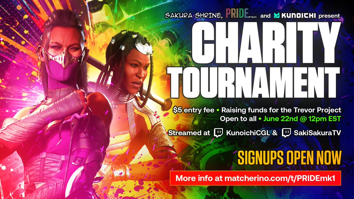 We're excited to announce we are helping with and co-streaming the <a href="/PRIDEfgc/">PRIDEfgc</a> Mortal Kombat 1 tournament with <a href="/SakiSakuraTV/">🌸 桜 Saki Sakura @ Home桜🌸</a> !

All proceeds from the event are going towards <a href="/TrevorProject/">The Trevor Project</a>. 

Sunday June 22nd @ 12pm est 

Signups and matcherino links below 👇