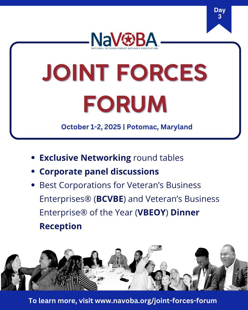 Join VIP Corporate Training (Sept 30–Oct 2, 2025) in Potomac, MD, to equip your veteran-owned business with strategies for corporate success!

VIP Corporate Training: navoba.org/vip-corporate
JFF: navoba.org/joint-forces-f…