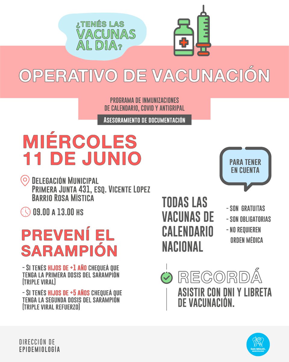 El miércoles 11 de junio realizaremos un nuevo operativo de vacunación en Barrio Rosa Mística💉
Mirá los detalles en la foto