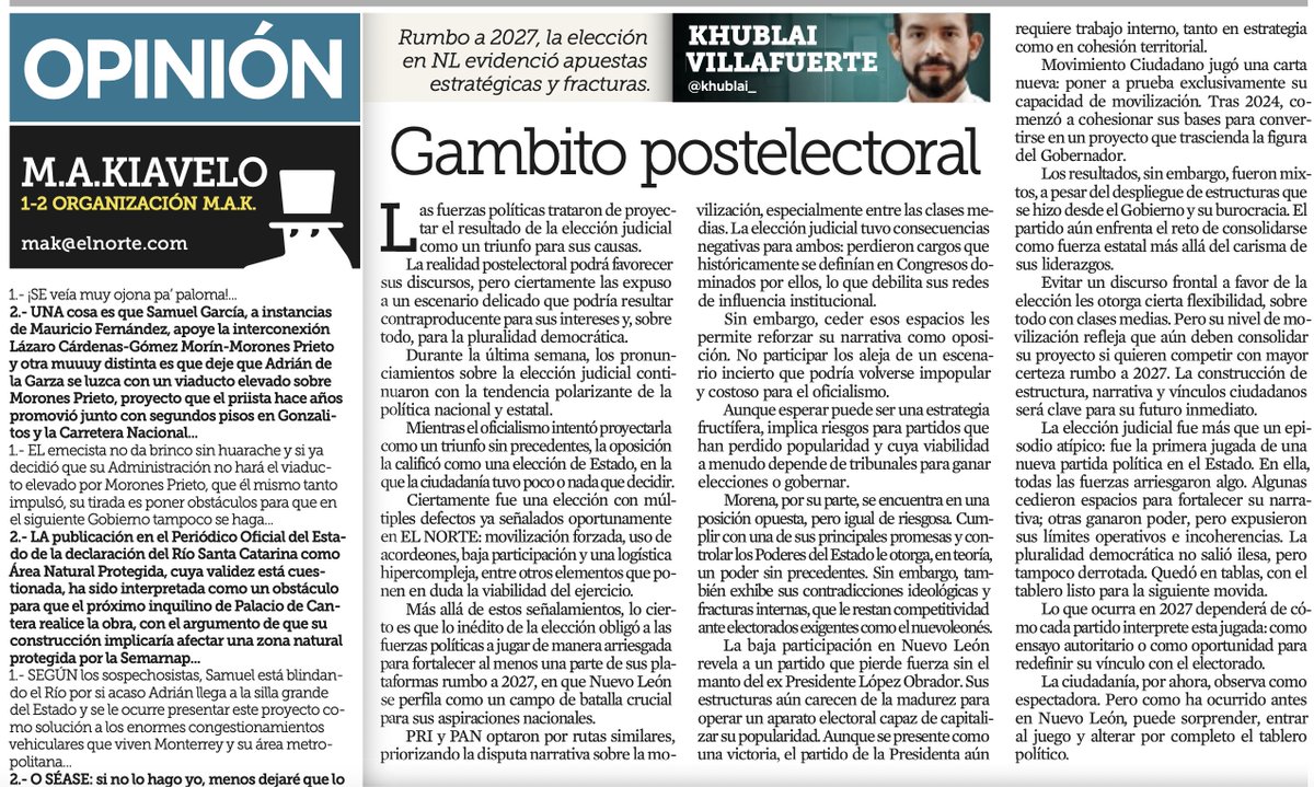 Khublai_'s tweet photo. Gambito postelectoral ♟️

La elección judicial fue la primera jugada de la próxima disputa política en NL. Todos arriesgaron,  pero sólo algunos ganan más de lo  que pierden:

PRI y PAN fortalecen narrativa
MORENA gana poder, pero muestra grietas
MC mide  músculo https://t.co/BJoYXTxE0X