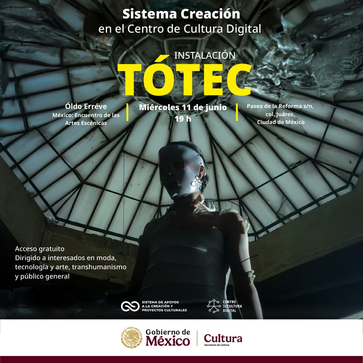 Sistema de Apoyos a la Creación (@sistemacreacion) on Twitter photo En el <a href="/CCDmx/">Centro de Cultura Digital</a>, el diseñador y artista multimedia Óldo Erréve presentará TÓTEC, una instalación digital que expone una colección de diseño y moda contemporánea, desarrollada en colaboración con artistas y diseñadores mexicanos.
Mañana, 19 h
Entrada libre
<a href="/cultura_mx/">Secretaría de Cultura</a> En el <a href="/CCDmx/">Centro de Cultura Digital</a>, el diseñador y artista multimedia Óldo Erréve presentará TÓTEC, una instalación digital que expone una colección de diseño y moda contemporánea, desarrollada en colaboración con artistas y diseñadores mexicanos.
Mañana, 19 h
Entrada libre
<a href="/cultura_mx/">Secretaría de Cultura</a>