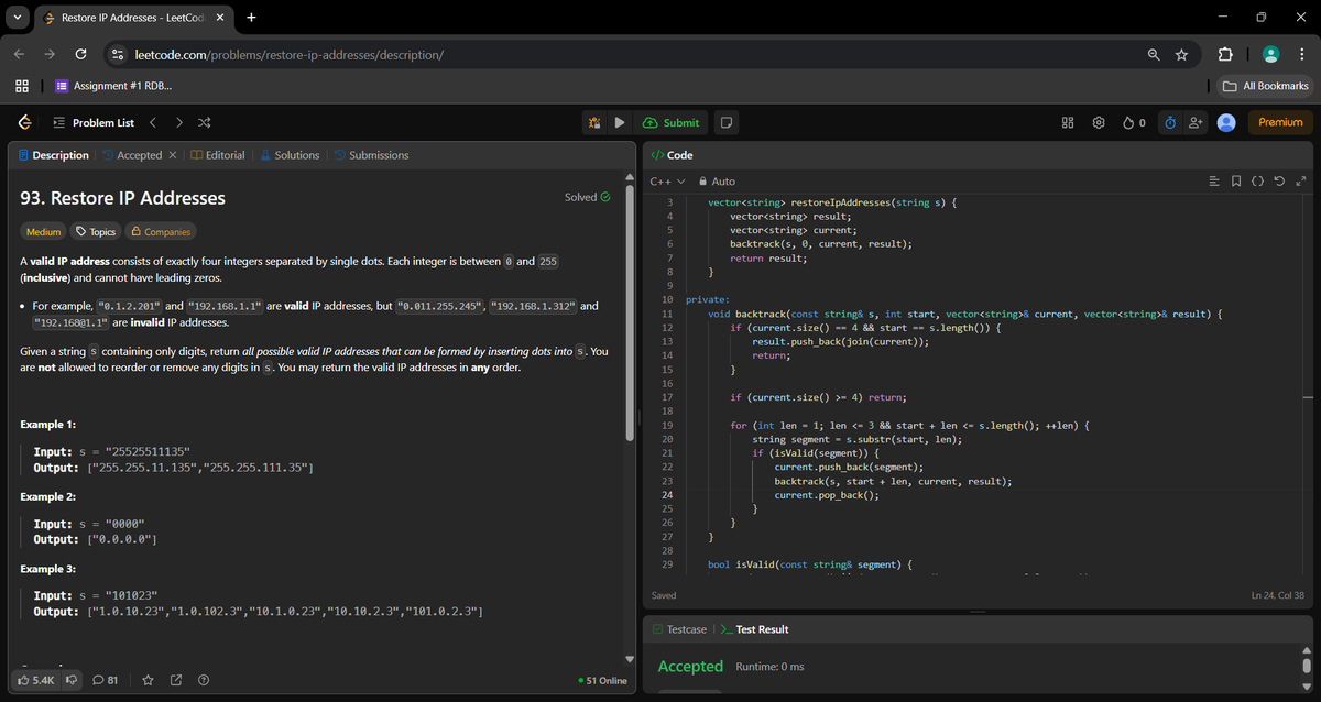 _a_m_i_t_1's tweet image. Day 353 of #360DaysOfCode.

Restore IP Addresses. Solved using backtracking.