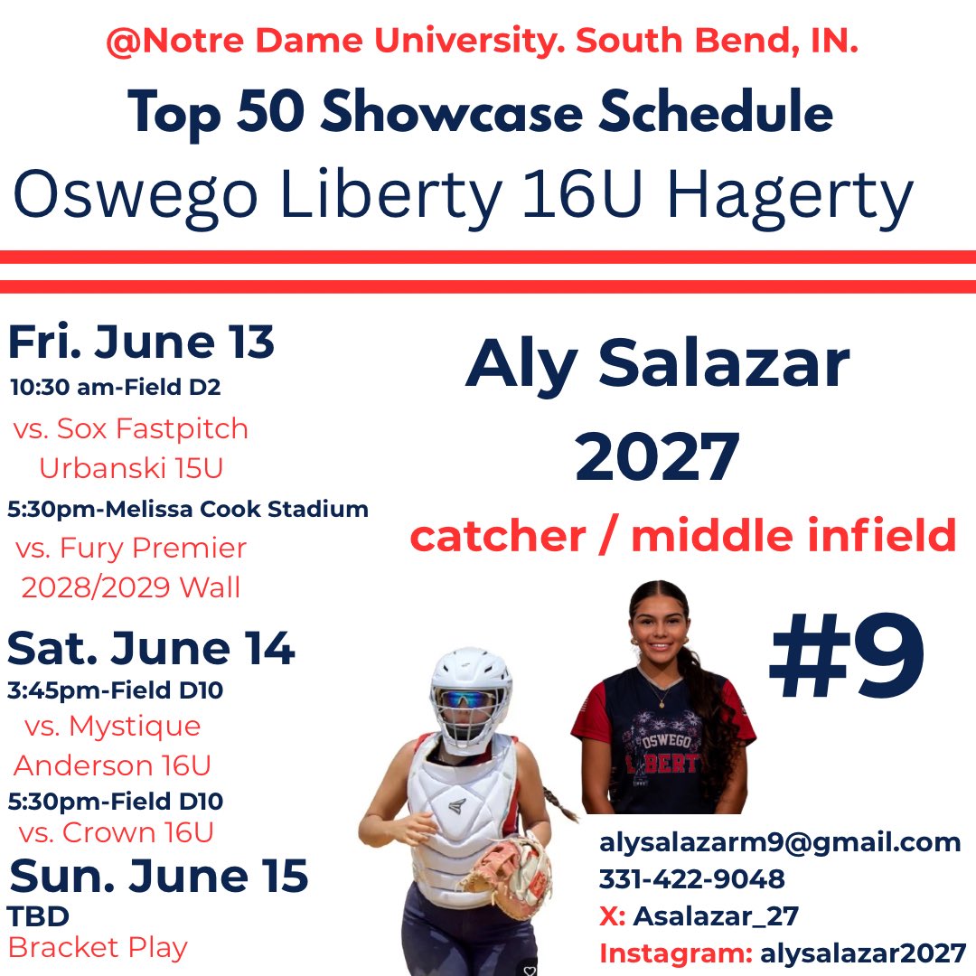 Aly Salazar 2027 (@asalazar_27) on Twitter photo Really looking forward to be back on the field with my girls! Join us in South Bend this weekend if you can β€οΈππ½<a href="/OswegoLiberty/">Oswego Liberty 17U</a> <a href="/2Ganeff/">Kris Ganeff</a> <a href="/NDsoftball/">Notre Dame Softball</a> <a href="/ButlerSoftball/">Butler Softball</a> <a href="/NIUSoftball/">NIU Softball</a> <a href="/CoachHClark/">hannah clark</a> Really looking forward to be back on the field with my girls! Join us in South Bend this weekend if you can β€οΈππ½<a href="/OswegoLiberty/">Oswego Liberty 17U</a> <a href="/2Ganeff/">Kris Ganeff</a> <a href="/NDsoftball/">Notre Dame Softball</a> <a href="/ButlerSoftball/">Butler Softball</a> <a href="/NIUSoftball/">NIU Softball</a> <a href="/CoachHClark/">hannah clark</a>