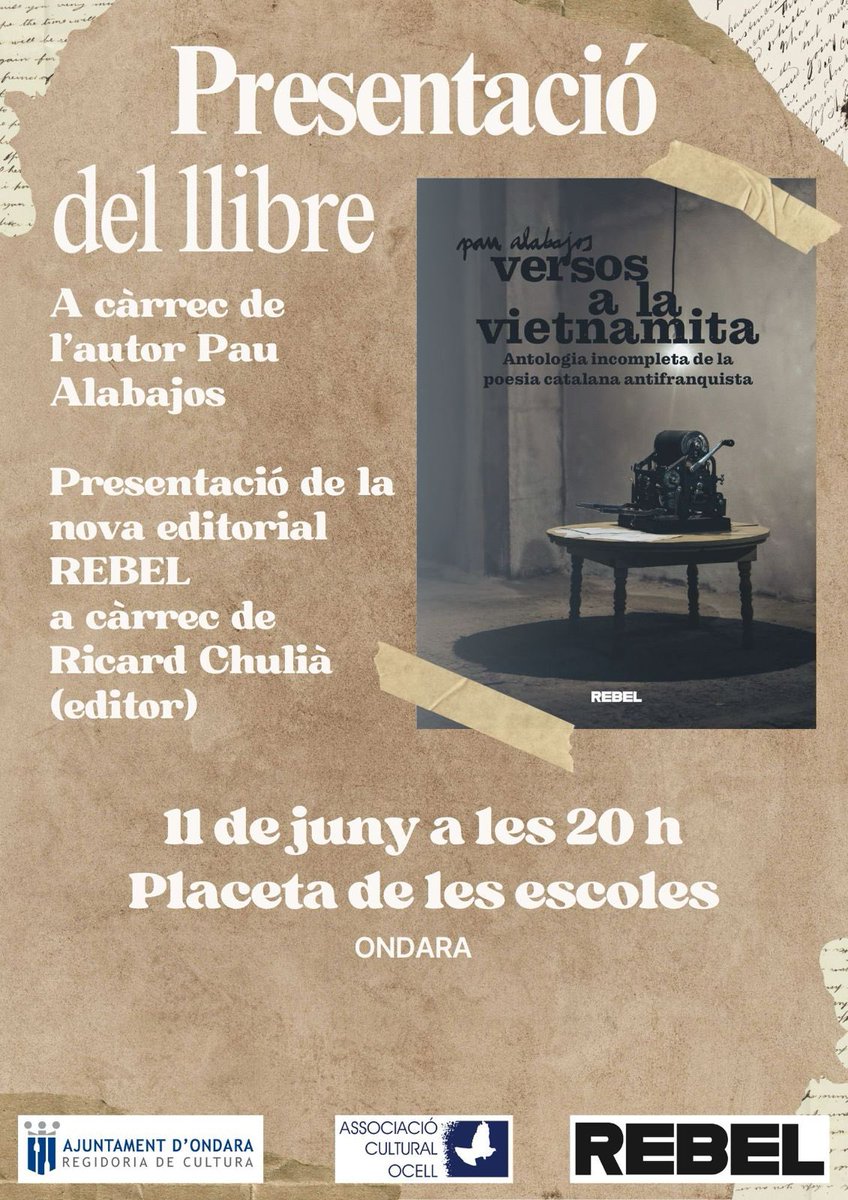 Rebel Edicions (@rebeledicions) on Twitter photo 🇻🇳Atenció!🇻🇳
Demà, dimecres, 11 de juny, presentem a #Ondara, gràcies a l’Ocell i a la regidoria de cultura <a href="/AjOndara/">Ajuntament d'Ondara</a>, #VersosALaVietnamita de @paualabajos, amb <a href="/RicardChulia/">Ricard Chulià Peris🎗🏴☠️</a> com a editor. 🇻🇳Atenció!🇻🇳
Demà, dimecres, 11 de juny, presentem a #Ondara, gràcies a l’Ocell i a la regidoria de cultura <a href="/AjOndara/">Ajuntament d'Ondara</a>, #VersosALaVietnamita de @paualabajos, amb <a href="/RicardChulia/">Ricard Chulià Peris🎗🏴☠️</a> com a editor.