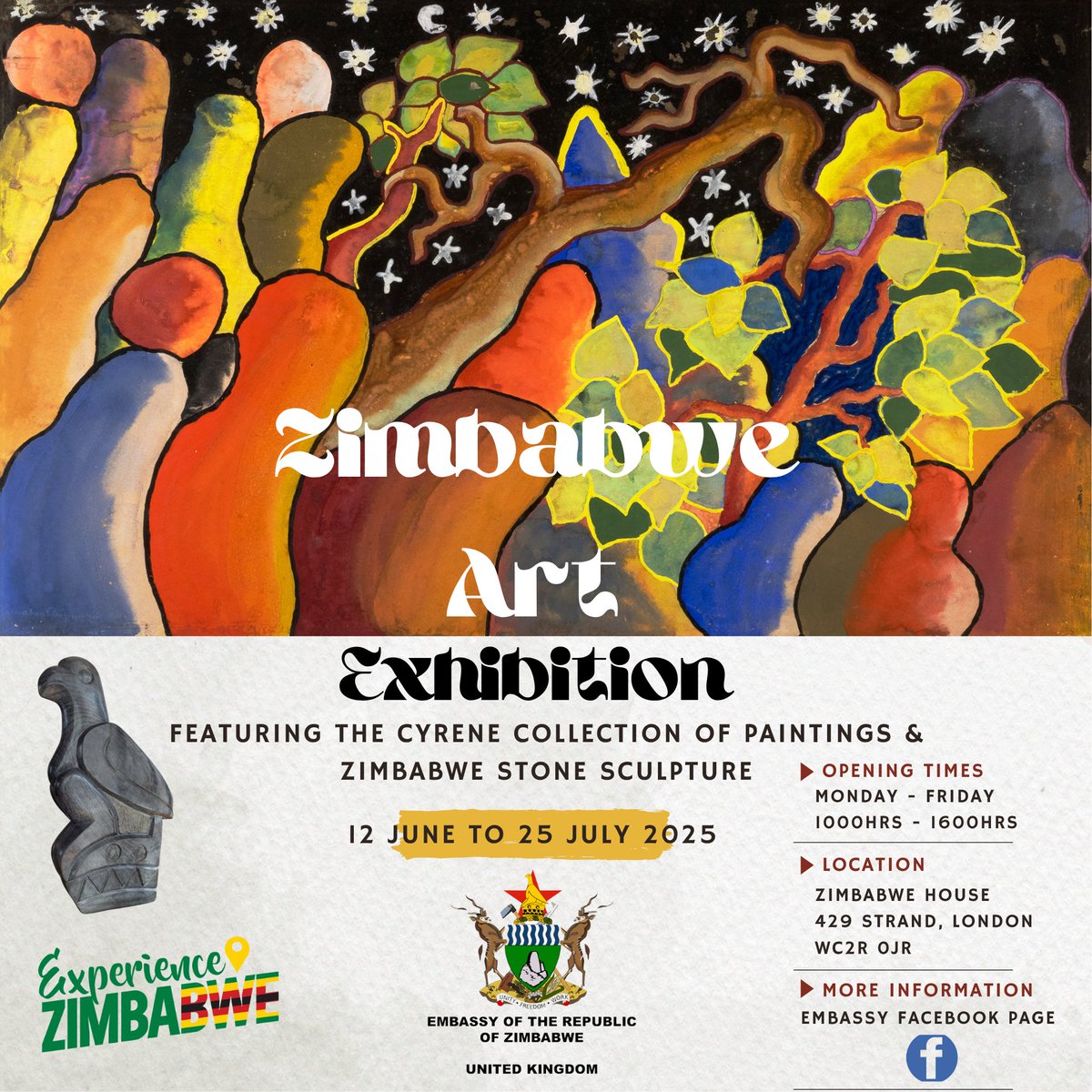 ZimLondonEmb's tweet photo. The Embassy of the Republic of Zimbabwe will be hosting a Zimbabwe Art Exhibition featuring the Cyrene Collection of Paintings and Zimbabwe Stone Sculptures from the 12th of June to the 25th of July 2025. Be sure to visit the intriguing display of Zimbabwe Art  featuring 1940 - 1945 paintings by students of Cyrene Mission near Bulawayo. Travel planning guidance for Visiting Zimbabwe is also available.