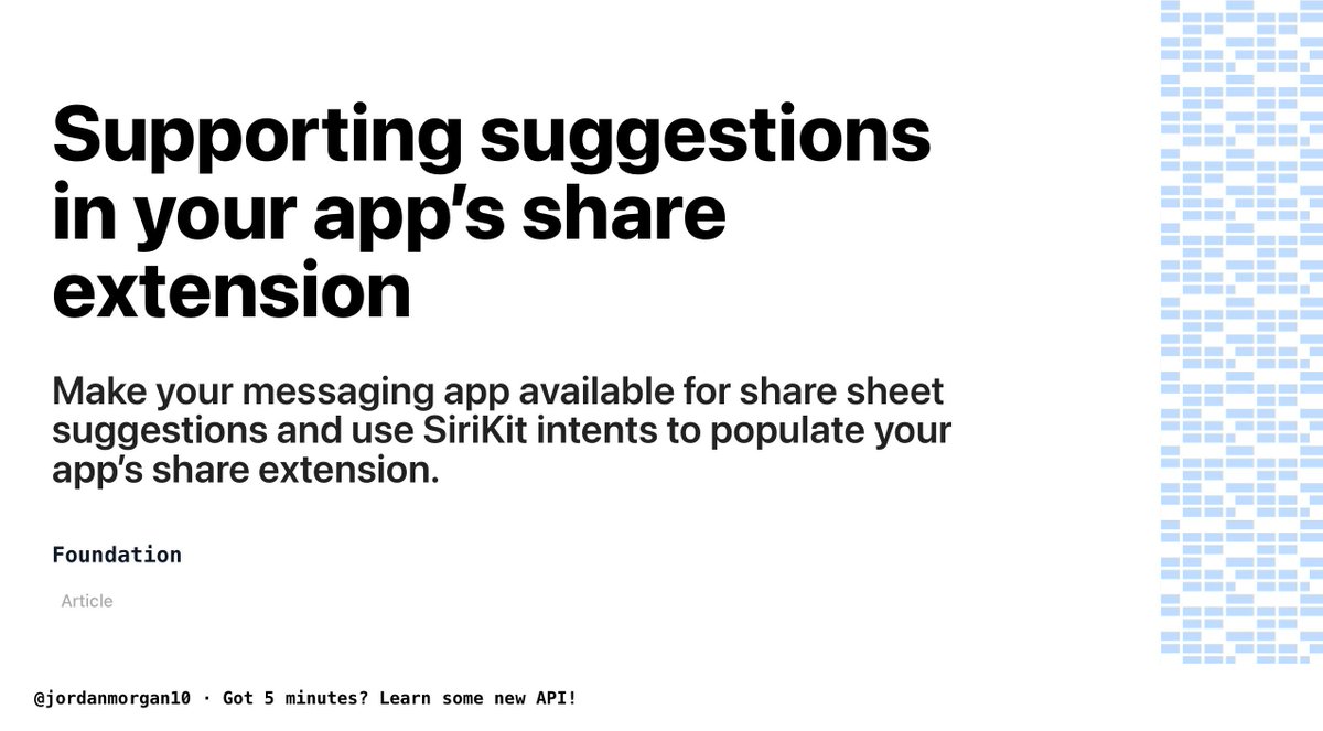 📝Today's technical article is from the Foundation framework 📝

Supporting suggestions in your app’s share extension:
Make your messaging app available for share sheet suggestions and use SiriKit intents to populate your app’s share extension.

👉developer.apple.com/documentation/…