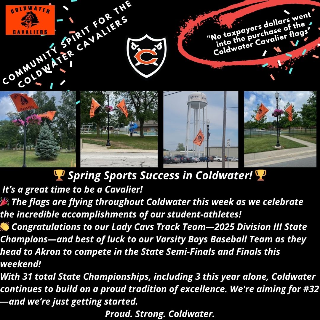 The flags are flying high throughout Coldwater as we celebrate our Division III Lady Cavs Track Team STATE CHAMPIONSHIP and cheer on our Varsity Baseball Team as they head to the State Final Four! ⚾🏆
A huge thank you to the Cron Family and the Downtown Merchant Association.