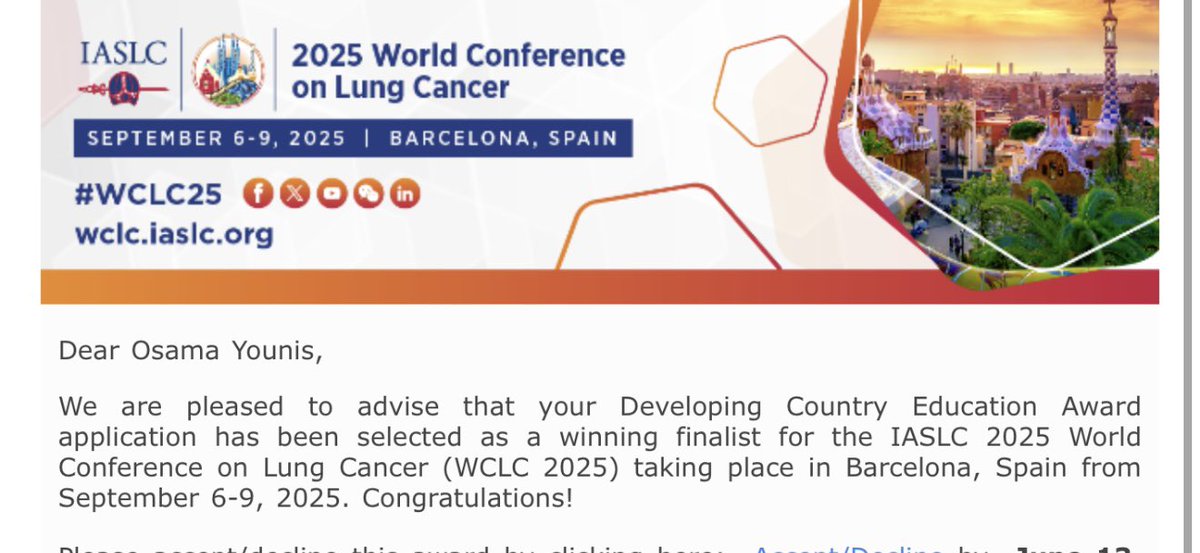 Very happy to announce that I was awarded the Developing Countries Education Award by <a href="/IASLC/">IASLC</a>. 

Very honored to be working with Dr.<a href="/FawziAbuRous/">Fawzi Abu Rous, MD</a>. This wouldn’t have been possible without him.

Excited to meet leading experts in lung oncology later this year!

#IASLC #WCLC25