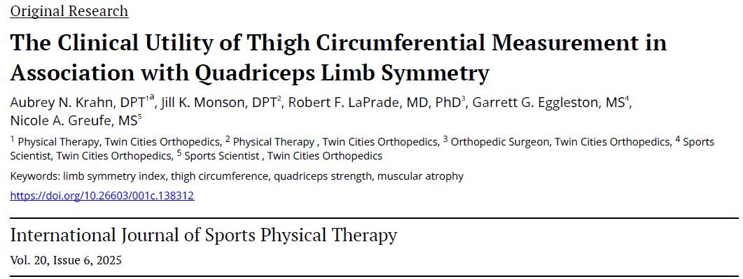 Measuring thigh muscle girth is always something I eval as part of my testing.  <a href="/IJSPT/">IJSPT</a> paper discusses this in relation to strength gain. Only accounts for about 13% of the variance.  I've certainly turned plenty of people loose w/o LSI of thigh girth, but should get eventually