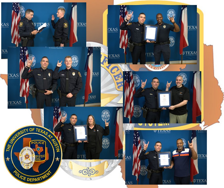 Today, we welcome Ofc Stiles as he takes the oath to serve and protect the UT Austin community. We also honor the dedication of Ofc Magwood (10 yrs), Ann Treffer (10 yrs as dispatcher), James Schock II (20 yrs as dispatcher), and Darrell Green (30 yrs public safety officer)