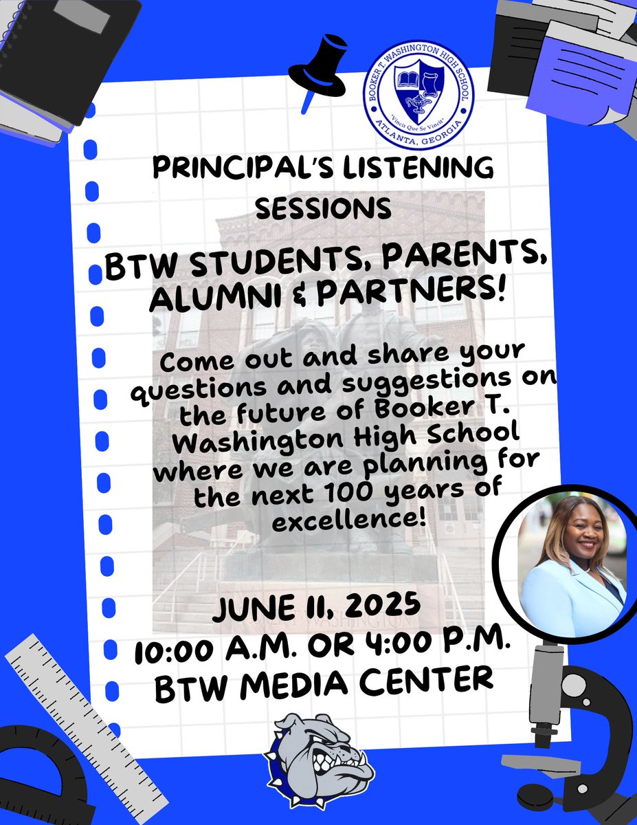 Attention BTW Community!

Got thoughts, ideas, or questions about the future of THEE Booker T. Washington High? 🎓✨ Join our Principal for a Listening Session and share what’s on your mind!

📅 Wednesday, June 11th
⏰ 10:00 AM OR 4:00 PM
📍 Media Center at BTW