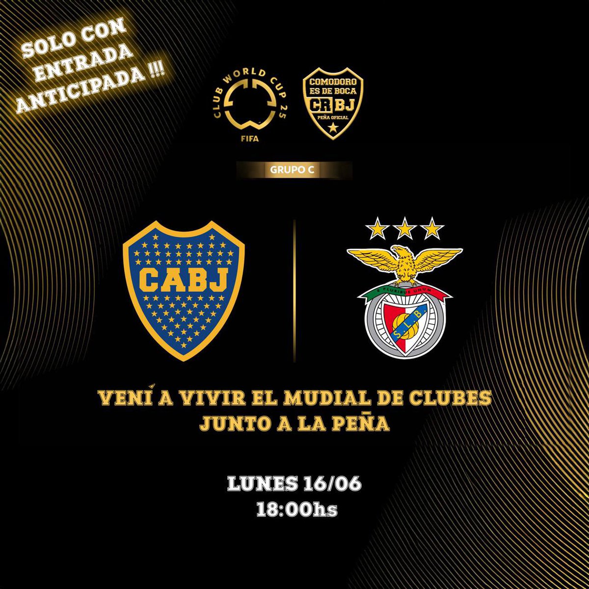 🔵🟡🔵 LUNES 19:00hs 🔵🟡🔵
🔵🟡🔵Boca Jrs / Benfica🔵🟡🔵
Mundial de clubes junto a la Peña🇸🇪

✔️VENTA ANTICIPADA
✔️ $10.000
Asado - Sorteos - Pantalla Gigante 

CUPOS LIMITADOS

Acceso con entrada anticipada.
Comunícate MD y asegura tu lugar.

*ubicación al confirmar tu reserva
