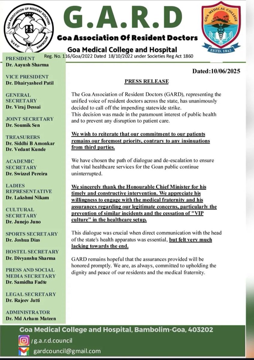 SinariVarad's tweet photo. GARD released an official statement !!
Claims no association with any spokesperson who asked to apologise to the chair humiliating the entire medical fraternity 
#gmcgoa #gmcprotest #DrMadhu https://t.co/PfZfwRtAbU