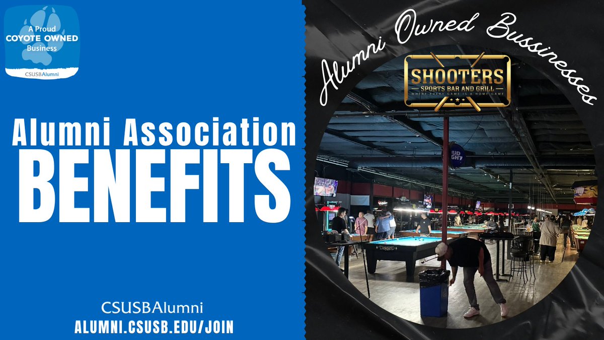 CSUSBAlumni's tweet photo. Show your #CSUSBAlumni card at Shooters (Temecula & Hemet) and watch your bill dropโmember perks + support for an alum-owned business. Win-win! Join the pack โก๏ธ https://t.co/2hgVGsRFvU ๐บ๐ป #CoyotePerks #SupportAlumni https://t.co/8CeFo3pBym