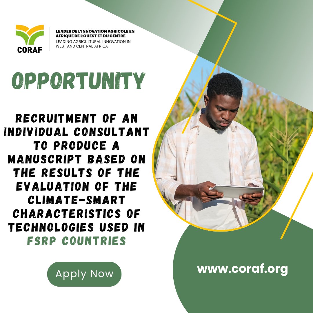 📢Are you an expert in scientific writing and climate adaptation? This opportunity is for you!

<a href="/CORAFNews/">CORAF</a> is hiring a #consultant to develop a manuscript highlighting #FSRP results on climate-smart technologies.

📅 Apply before 24/06/2025.
Learn more 👉🏾bit.ly/3Zsog2l