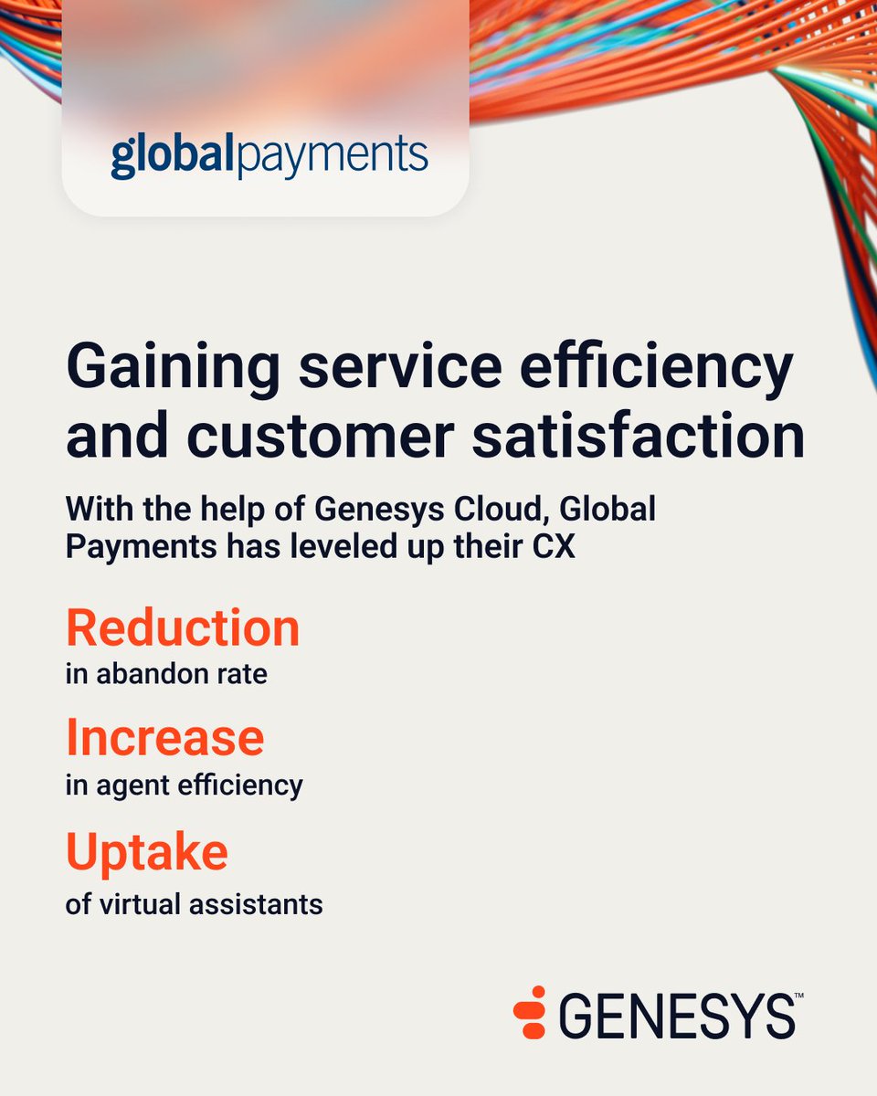 Genesys (@genesys) on Twitter photo By cutting complexity, <a href="/GlobalPayInc/">Global Payments Inc.</a> boosted performance with #GenesysCloud:
📉 Fewer abandoned calls
📈 More efficient agents
🤖 Higher use of virtual assistants
Read about their CX transformation: gsys.cx/45PRVGH By cutting complexity, <a href="/GlobalPayInc/">Global Payments Inc.</a> boosted performance with #GenesysCloud:
📉 Fewer abandoned calls
📈 More efficient agents
🤖 Higher use of virtual assistants
Read about their CX transformation: gsys.cx/45PRVGH