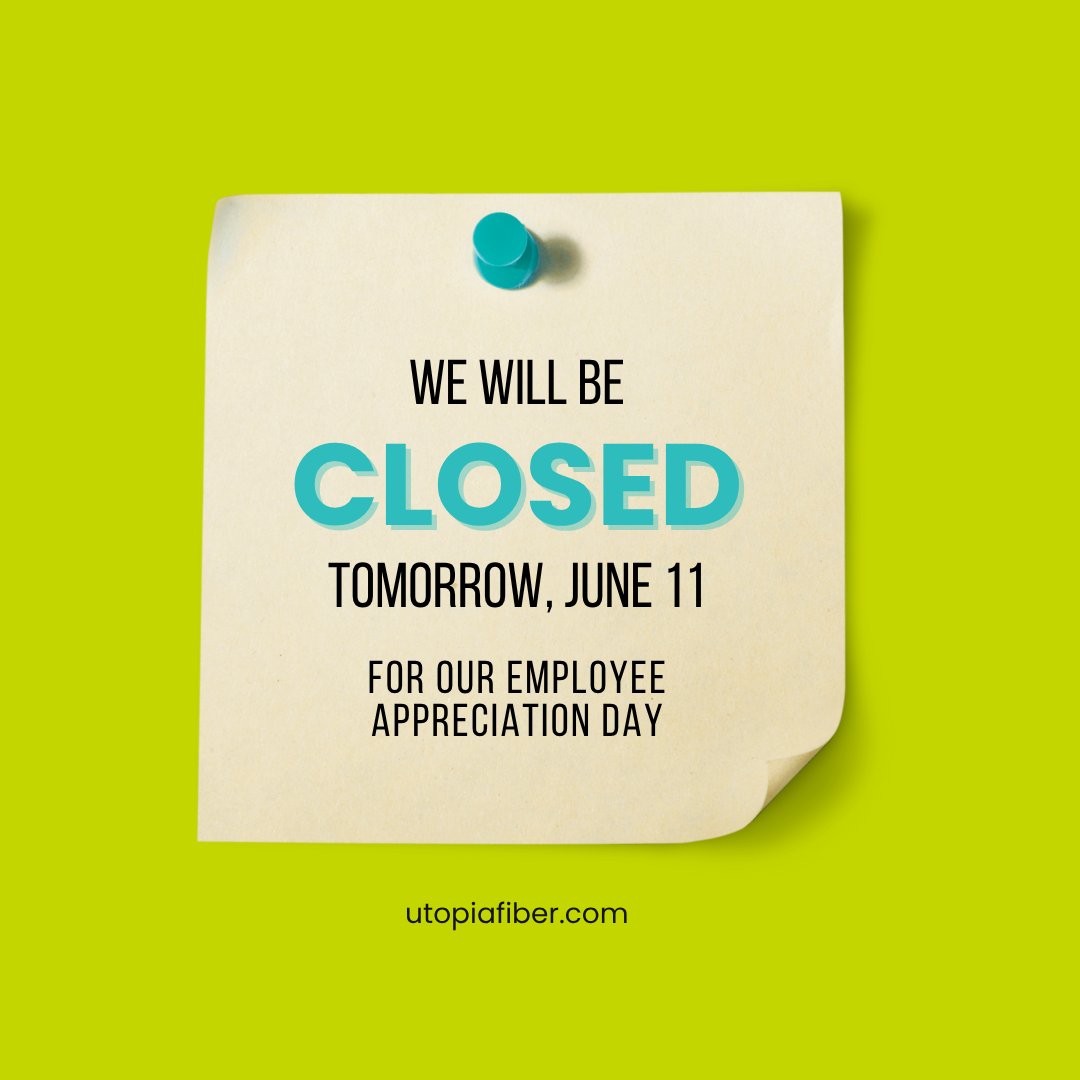 Our office will be closed tomorrow, June 11 for our employee appreciation day. If you need immediate assistance during this time please reach out to your Internet Service Provider. Have a great day!! ☀️

utopiafiber.com/internet-servi…

#UTOPIAFiber #Fiberinternet #ChosenByUtah #Utah
