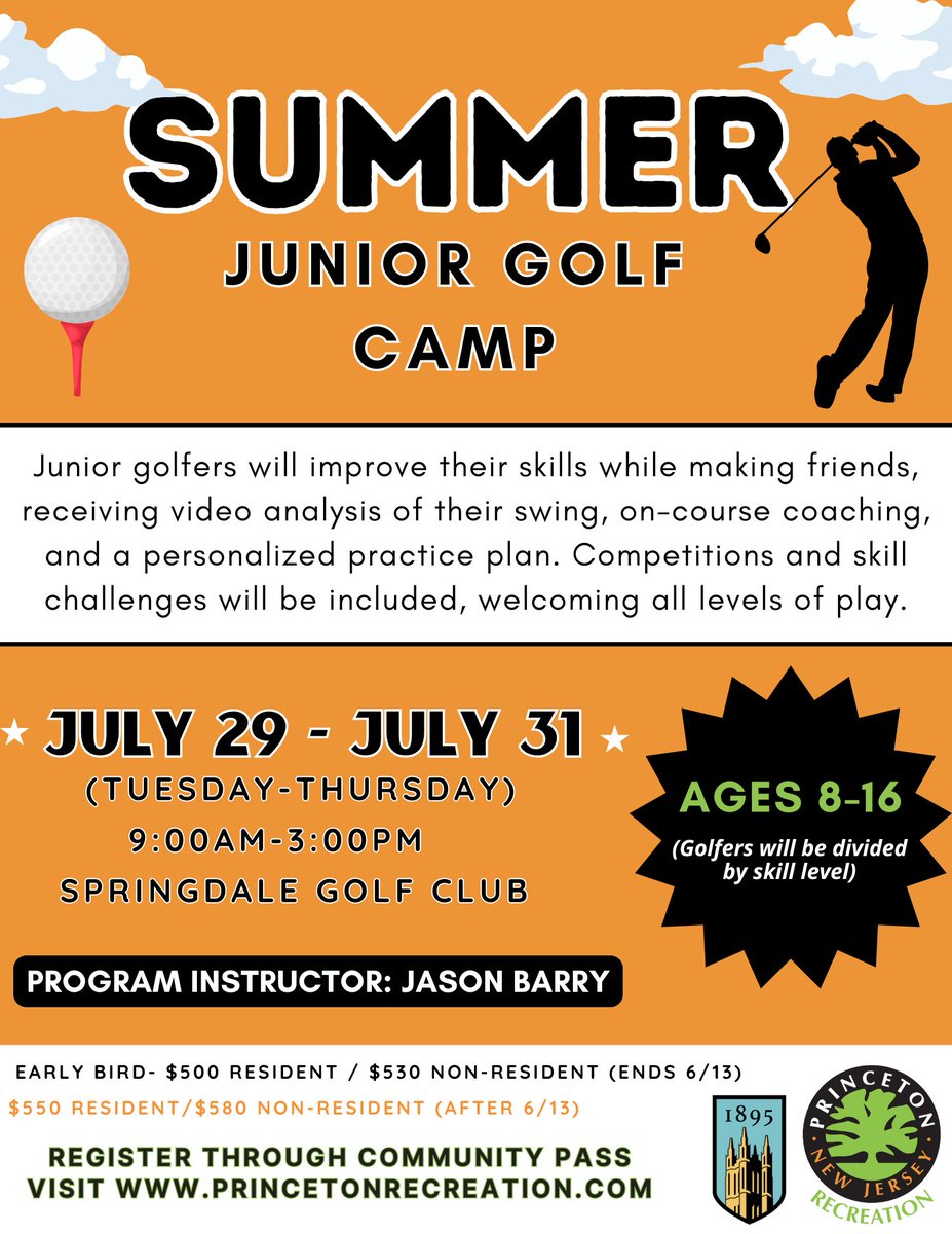 Princeton Recreation Dept. (@princetonrec) on Twitter photo Want to spend your summer reading...greens? Register now for our junior golf camps at <a href="/springdale_gc/">Springdale Golf Club</a> with <a href="/JasonBarryGolf/">Jason Barry</a> .
⛳️For More Info: princetonrecreation.com
📷To Register: register.communitypass.net/princeton under "2025 Summer Youth Sports Programs"
<a href="/PrincetonNJ_Gov/">The Municipality of Princeton</a> Want to spend your summer reading...greens? Register now for our junior golf camps at <a href="/springdale_gc/">Springdale Golf Club</a> with <a href="/JasonBarryGolf/">Jason Barry</a> .
⛳️For More Info: princetonrecreation.com
📷To Register: register.communitypass.net/princeton under "2025 Summer Youth Sports Programs"
<a href="/PrincetonNJ_Gov/">The Municipality of Princeton</a>