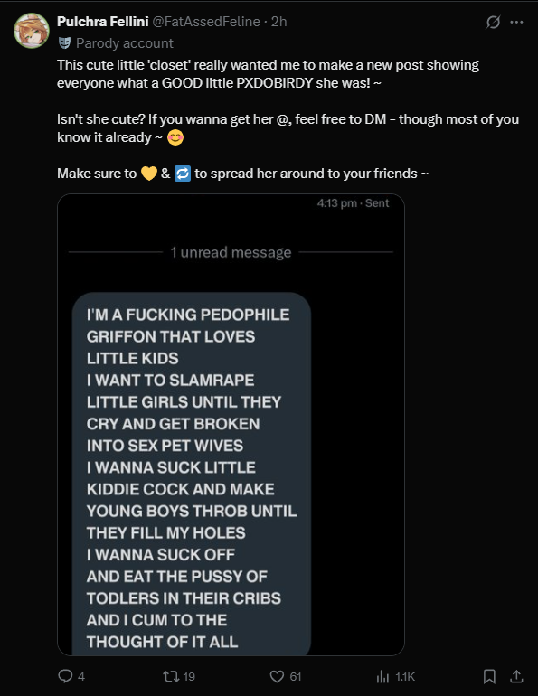 EEVLUTIONAL's tweet photo. @/FatAssedFeline just posted about @/GildaGriffonGal
and Honestly this is just disgusting behaviour. This is just wrong on so many different levels, there's Pxdophillia and Rxpe in the same sentence. https://t.co/NDhoQLABKs