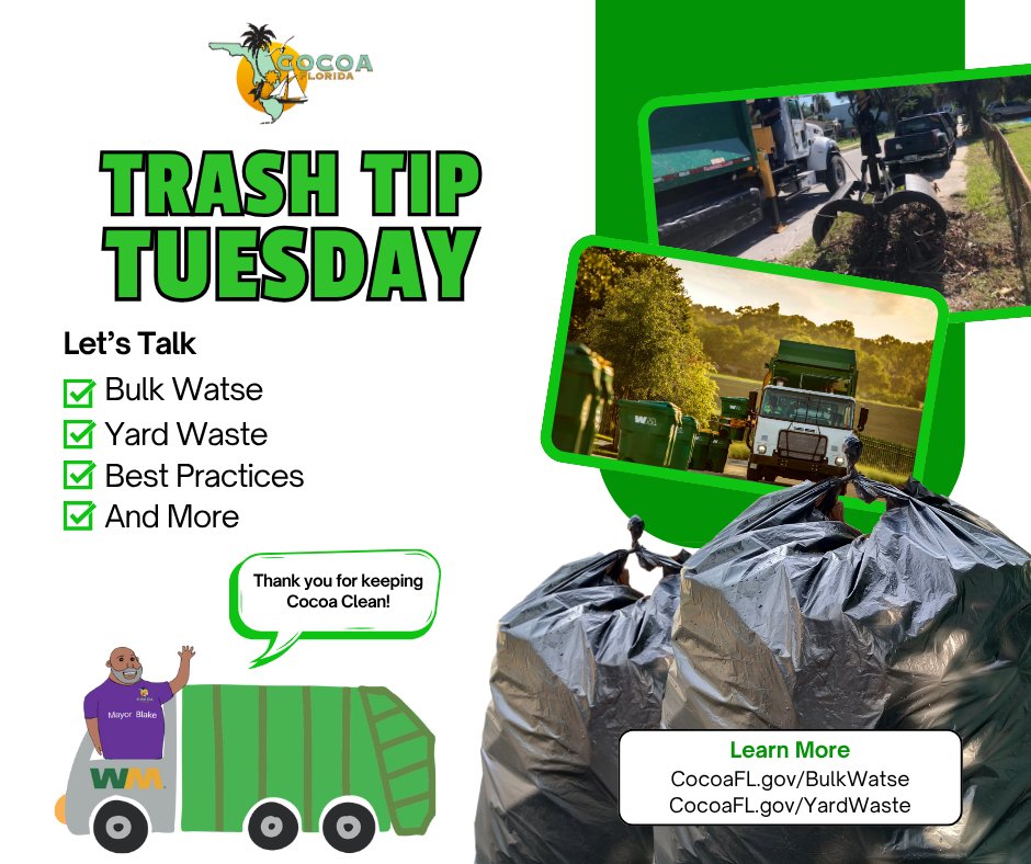 It’s Trash Tip Tuesday! Each Tuesday, we’ll share with you an important tip about proper waste management so you can get your items picked up in the most efficient way possible. 
More Info:
Bulk Waste info: CocoaFL.gov/BulkWaste
Yard Waste info:  CocoaFL.gov/YardWaste