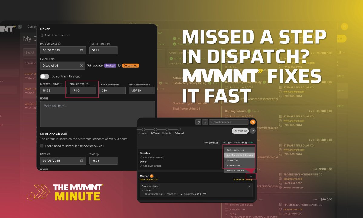 Things slip in freight ops. What matters is how fast you recover.
MVMNT Minute Vol. 4 has three quick fixes for tracking gaps, ETAs, and carrier booking. 
hubs.la/Q03rwzlR0

#FreightTech #TMS #LogisticsSoftware #MVMNT #SupplyChain #NextGenTMS #MVMNTMinute