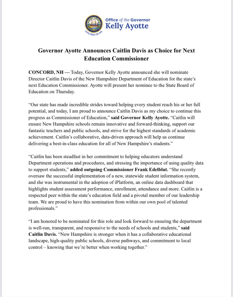 AdamSextonWMUR's tweet image. More big news in education today: Gov. @KellyAyotte to nominate Caitlin Davis from within NH DoE to be the next Commissioner of Education #NHPolitics #WMUR