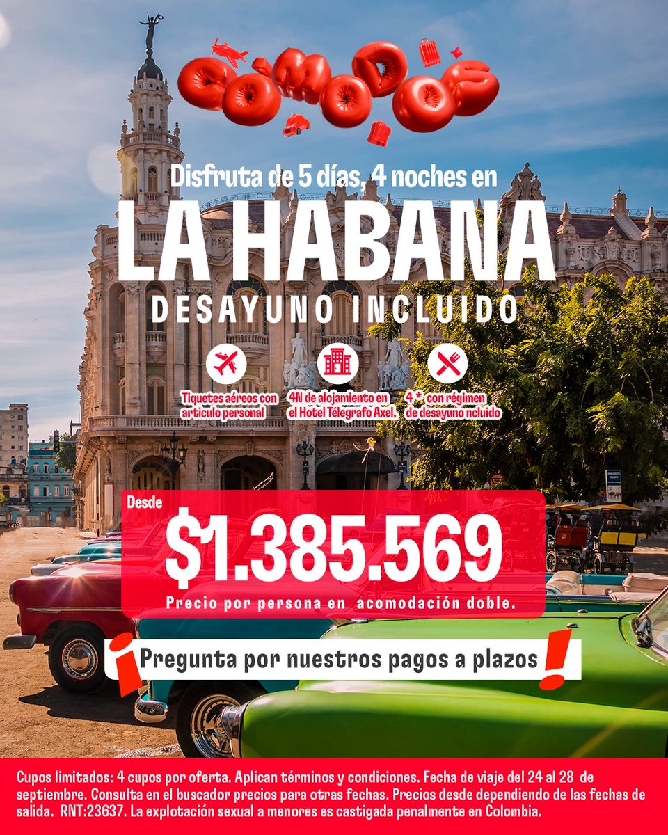 🎺 Desayunos sabrosos, autos clásicos y cero estrés.
Así se vive La Habana con Atrápalo desde $1.385.569.

📲 Reserva tu cupo en atrapalo.com.co/micro/Comodos/ y aprovecha pagos a plazos.

#comodosatrapalo  #comodoatrapalo  #LaHabanaTeEspera #PaquetesAtrápalo