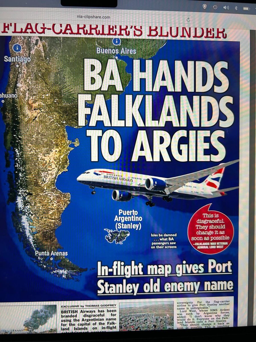 Enojo en Inglaterra con British Airways por poner “Puerto Argentino (Stanley)” como capital de las Islas Malvinas en el mapa de sus sistemas de entretenimiento a bordo 

[The Sun]