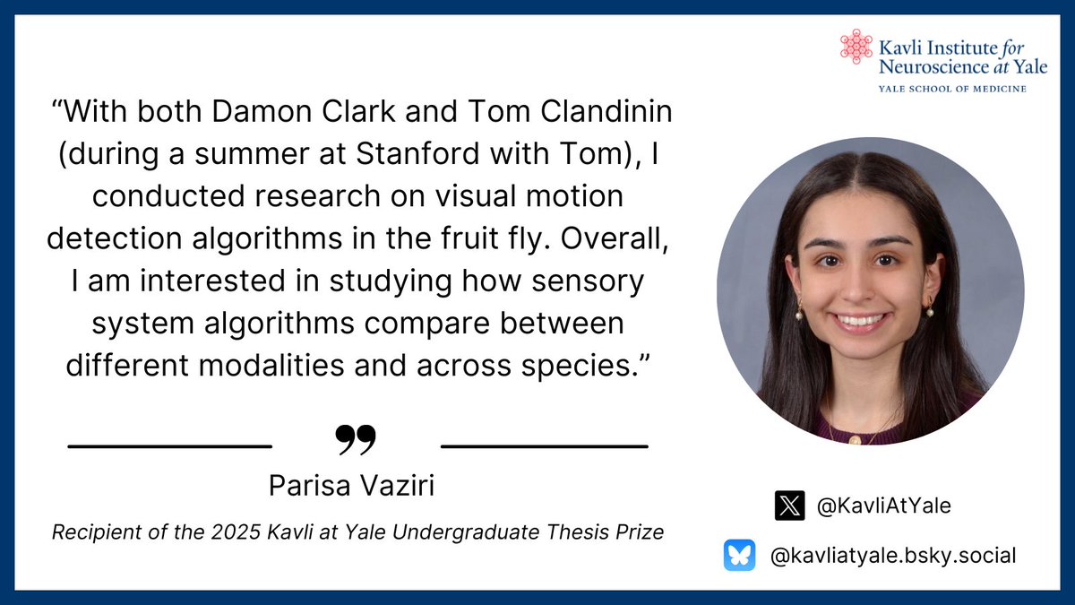 YaleNeuro's tweet image. Congrats to @Yale senior Parisa Vaziri on winning the 2025 @KavliAtYale Undergraduate Thesis Prize 🏆! 🎉
Working with @MCDB_Yale's Damon Clark, her thesis uncovered a novel auditory illusion👂 & the algorithms underlying it. Next, she'll pursue a PhD in Neuroscience at Harvard.