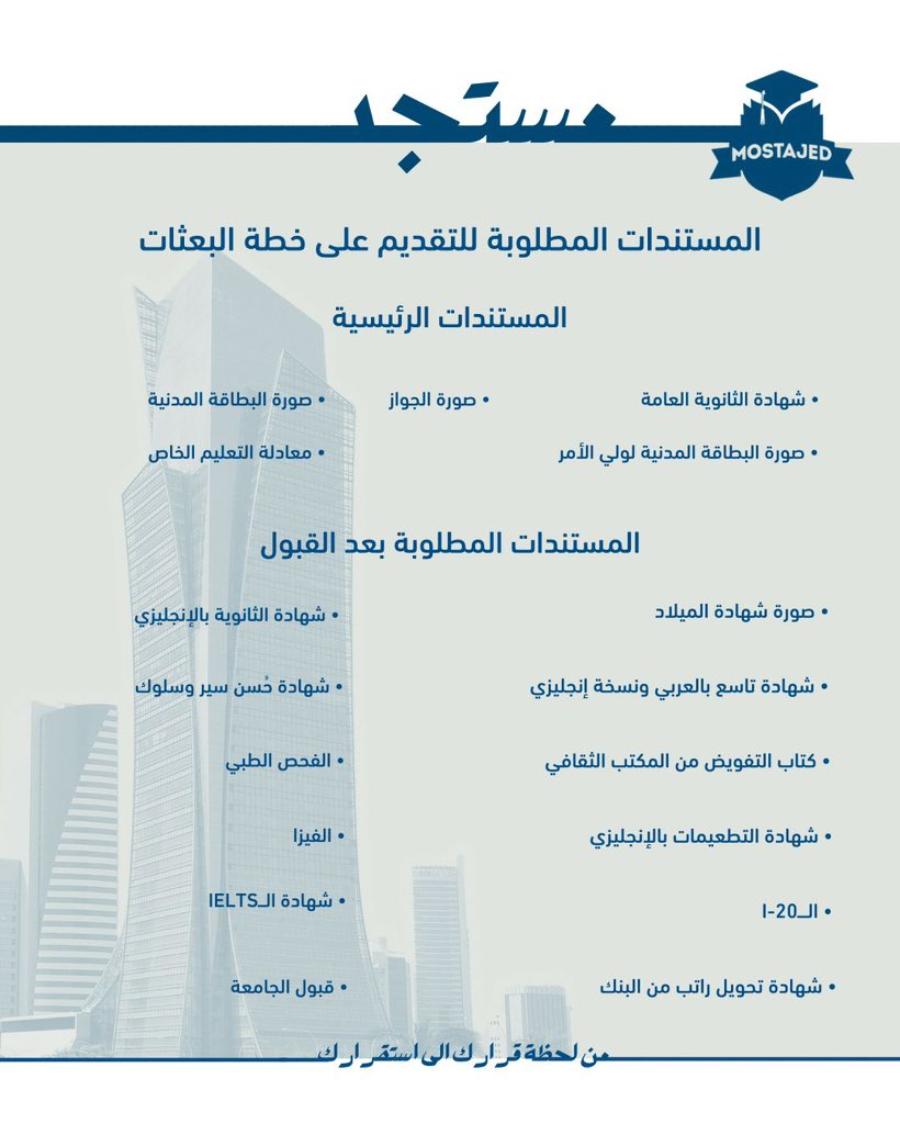 MostajedUSA's tweet photo. هام | المستندات المطلوبة من الطلبة الراغبين في الإلتحاق بالبعثات الخارجية في الولايات المتحدة الأمريكية.

#MostajedUSA25 https://t.co/vSdK6GsUtf