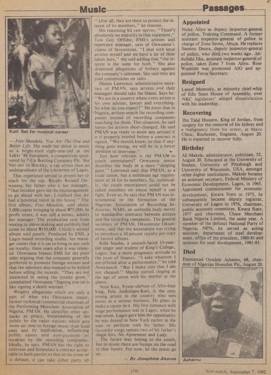 StartArchiving's tweet photo. “Seun Kuti, 9-year-old son of Afro-beat king, Fela Anikulapo-Kuti, is the only young artiste in the country who sees music as a serious business. He plans to make a career in it. His first romance with stage performance was in Lagos, when he was seven.” - Newswatch, 1992 https://t.co/jIC4Tt2jOO