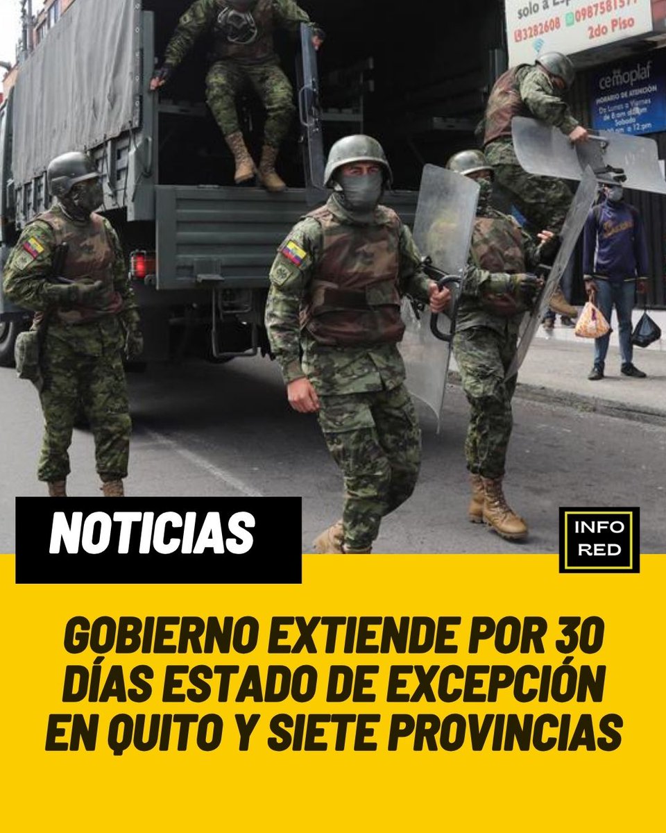 Mediante el Decreto Ejecutivo 23, el presidente @danielnoboaok  extiendió por 30 días el #estadodeexcepción en: Guayas, Los Ríos, Manabí, Orellana, Santa Elena, El Oro, Sucumbíos, el Distrito Metropolitano de Quito.
              instagram.com/p/DKusvckuW5r/…