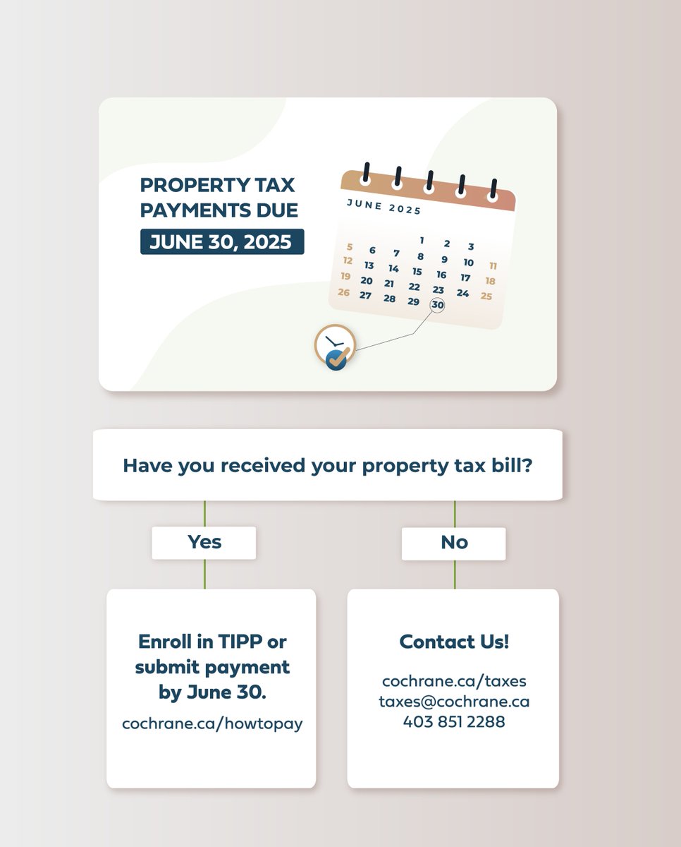 Town of Cochrane (@townofcochrane) on Twitter photo Has your property tax notice arrived?
If not, it’s time to contact taxes@cochrane.ca. To ensure your bill is paid by June 30, sign up for TIPP or submit payment by June 30.
You can pay through online banking, at your bank or visit us at The Station or RancheHouse. Has your property tax notice arrived?
If not, it’s time to contact taxes@cochrane.ca. To ensure your bill is paid by June 30, sign up for TIPP or submit payment by June 30.
You can pay through online banking, at your bank or visit us at The Station or RancheHouse.