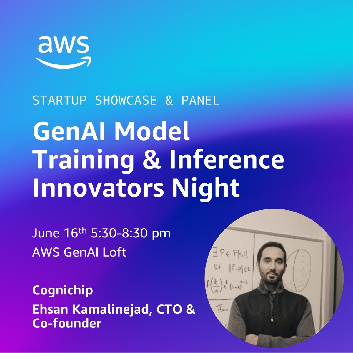 Join our team at the <a href="/AWSAI/">AWS AI</a> GenAI Model Training &amp; Inference Innovators Night!

<a href="/Cognichip/">Cognichip</a> Co-founder &amp; CTO Ehsan will be sharing the latest innovation from our team and joining AWS's panel to talk about what it takes to build, scale, and bring new AI models to market — from