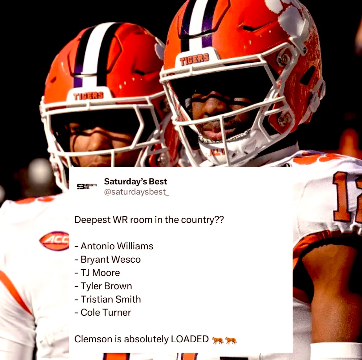 clemson_bias's tweet image. 𝐖𝐈𝐃𝐄 𝐑𝐄𝐂𝐄𝐈𝐕𝐄𝐑 𝐔 🐅🐾🏆🏆🏆