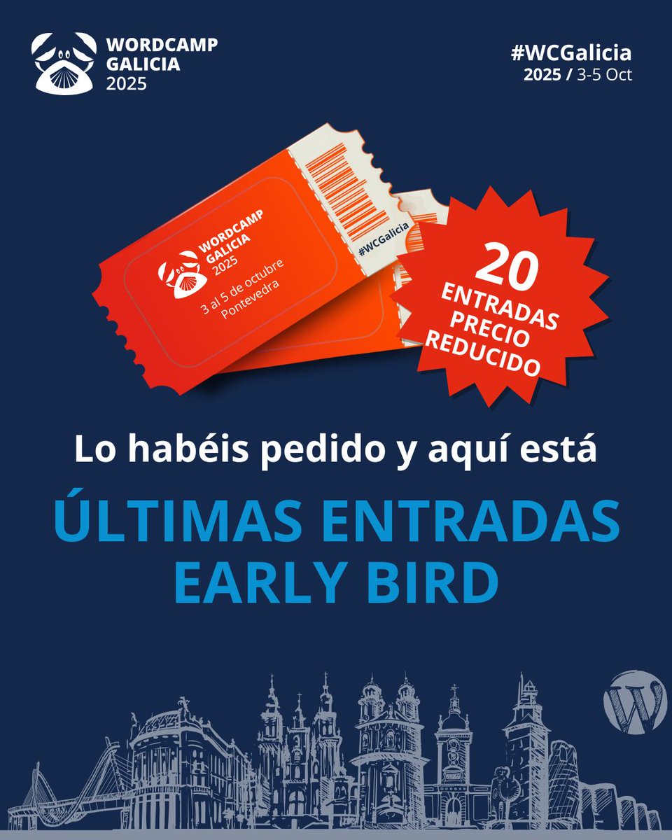 Las 30 primeras entradas early bird para la #WCGalicia han volado.

Así que os preguntamos si queríais más.

Por eso, ya está aquí la segunda, y última, ronda de entradas con descuento.

🎟 galicia.wordcamp.org/2025/entradas/

🦀WordCamp Galicia
📆 3 al 5 de octubre
📍 Pontevedra