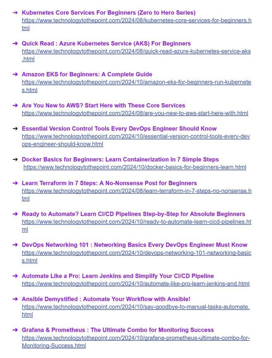 Tech Fusionist (@techyoutbe) on Twitter photo 12 Quick Posts (for DevOps Beginners) 🔥🎯
🔹Kubernetes for absolute beginners
technologytothepoint.com/2024/08/kubern…
🔹AKS: Azure Kubernetes Service
technologytothepoint.com/2024/08/quick-…
🔹Amazon EKS for Beginners
technologytothepoint.com/2024/10/amazon…
🔹AWS Core Services for Beginners
technologytothepoint.com/2024/08/are-yo… 12 Quick Posts (for DevOps Beginners) 🔥🎯
🔹Kubernetes for absolute beginners
technologytothepoint.com/2024/08/kubern…
🔹AKS: Azure Kubernetes Service
technologytothepoint.com/2024/08/quick-…
🔹Amazon EKS for Beginners
technologytothepoint.com/2024/10/amazon…
🔹AWS Core Services for Beginners
technologytothepoint.com/2024/08/are-yo…